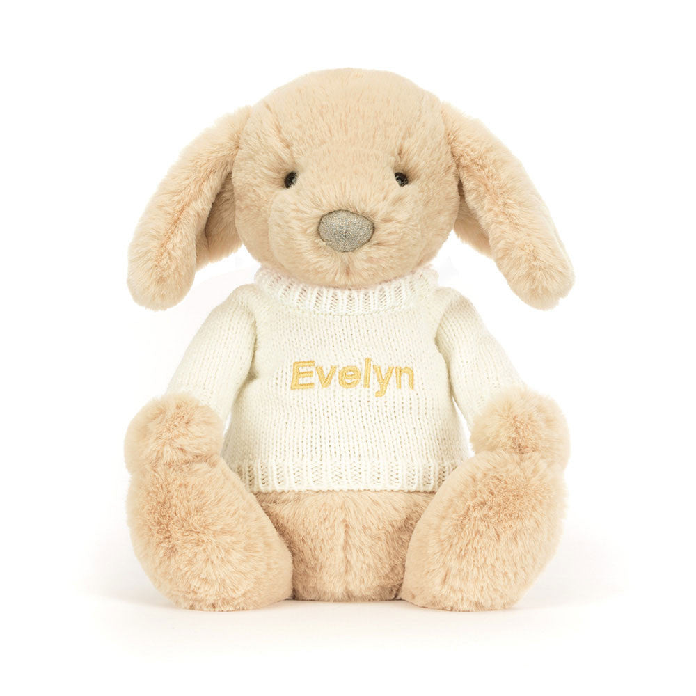 Jellycat Bashful Luxe Puppy Orlando with Personalised Cream Jumper