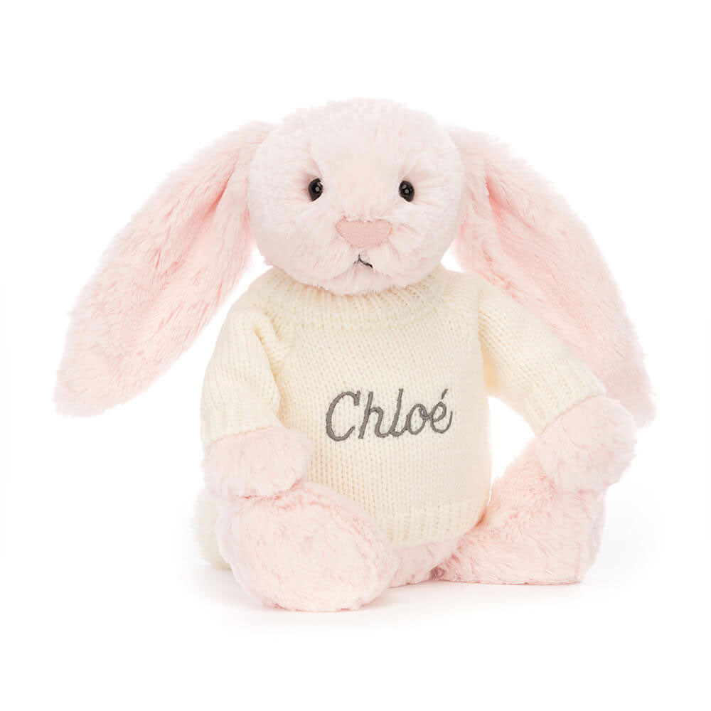 Jellycat Bashful Pink Bunny with Personalized Cream Jumper Plush Toy