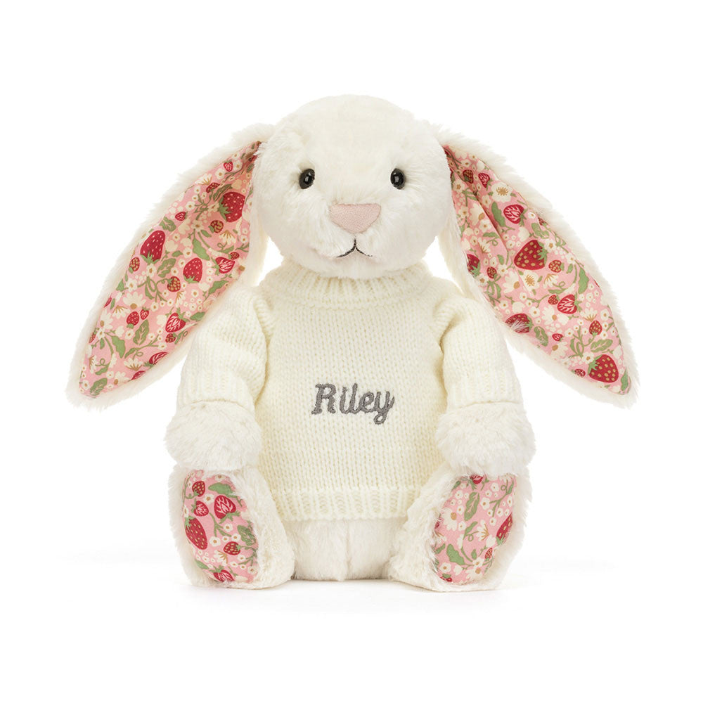 Jellycat Blossom Cream Bunny 'Berry' with Personalised Cream Jumper