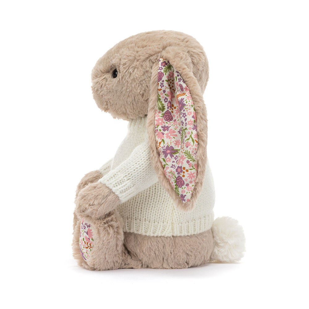 Jellycat Blossom Beige Bunny 'Petal' With Personalised Cream Jumper