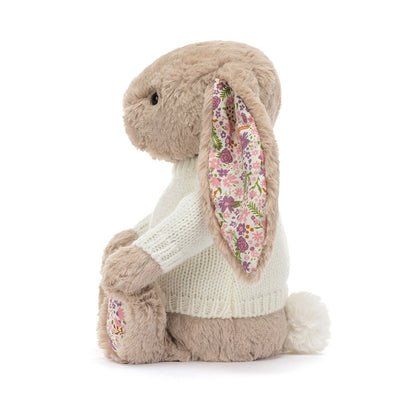 Jellycat Blossom Beige Bunny 'Petal' With Personalised Cream Jumper