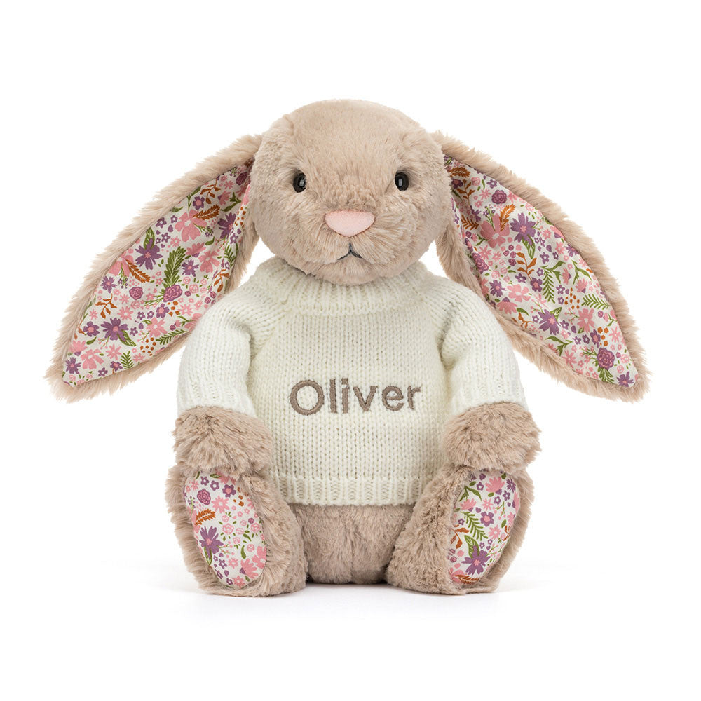 Jellycat Blossom Beige Bunny 'Petal' With Personalised Cream Jumper