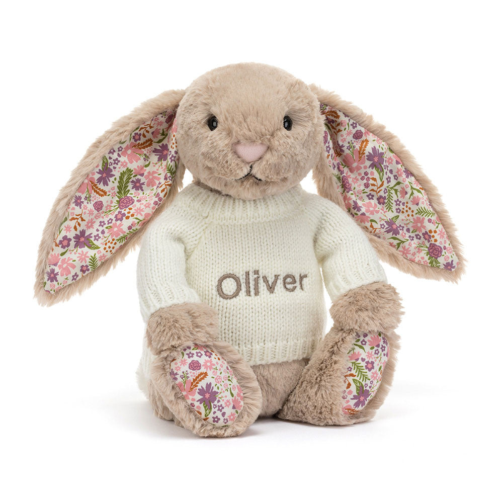 Jellycat Blossom Beige Bunny 'Petal' With Personalised Cream Jumper