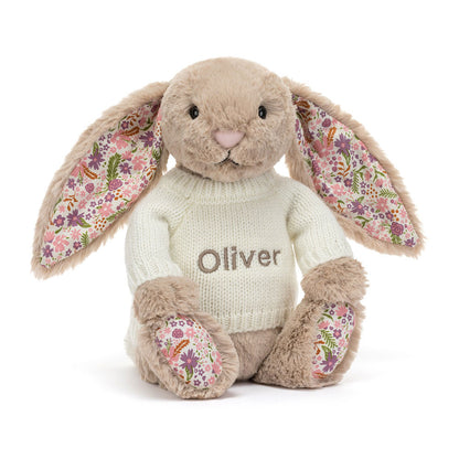 Jellycat Blossom Beige Bunny 'Petal' With Personalised Cream Jumper