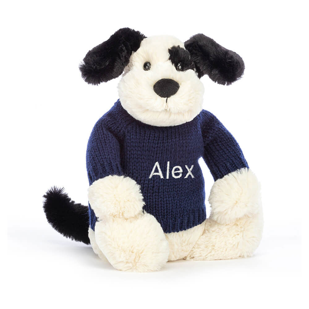 Jellycat Bashful Black & Cream Puppy Personalized Navy Jumper