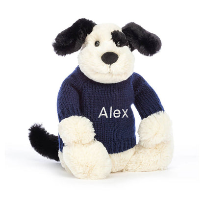 Jellycat Bashful Black & Cream Puppy Personalized Navy Jumper