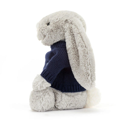 Bashful Silver Bunny with Personalized Navy Jumper Soft Plush Toy
