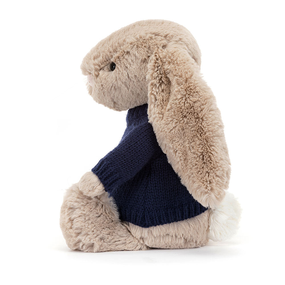 Jellycat Bashful Beige Bunny Stuffed Toy with Personalized Navy Jumper