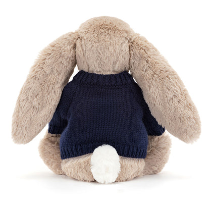 Jellycat Bashful Beige Bunny Stuffed Toy with Personalized Navy Jumper