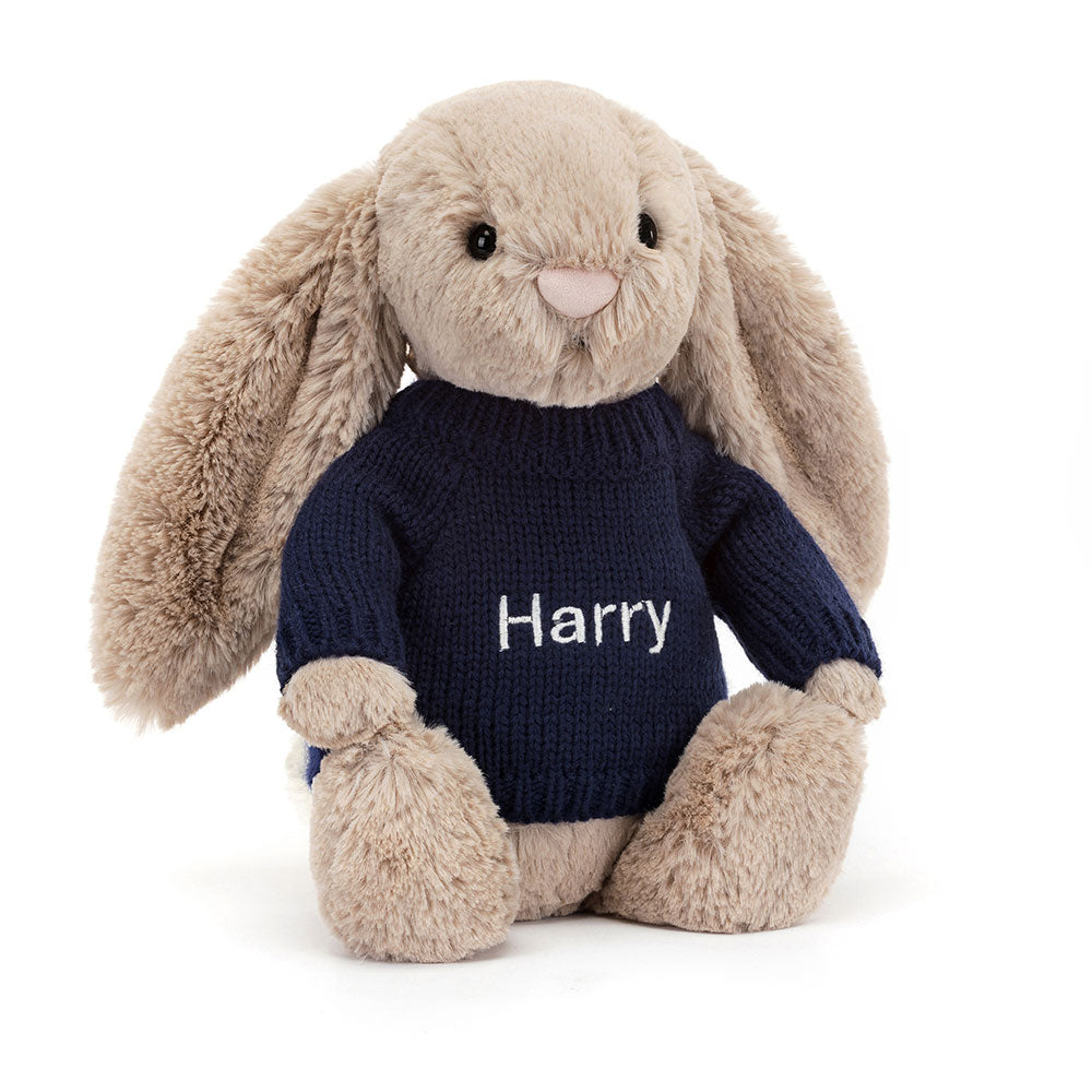 Jellycat Bashful Beige Bunny Stuffed Toy with Personalized Navy Jumper