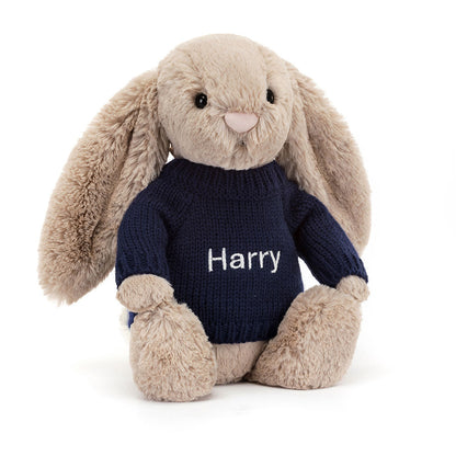 Jellycat Bashful Beige Bunny Stuffed Toy with Personalized Navy Jumper