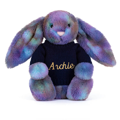 Jellycat Zodihop Luxe Bunny Stuffed Toy With Personalized Navy Jumper