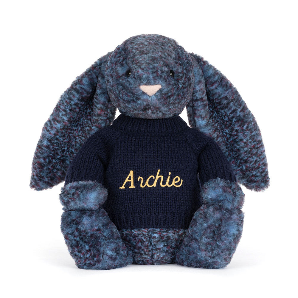 Jellycat Bashful Luxe Bunny Plush Toy Personalised Navy Jumper