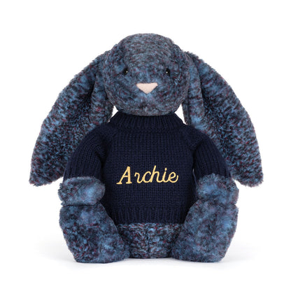 Jellycat Bashful Luxe Bunny Plush Toy Personalised Navy Jumper