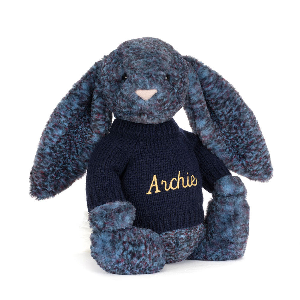 Jellycat Bashful Luxe Bunny Plush Toy Personalised Navy Jumper