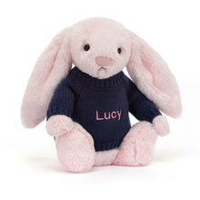 Jellycat Bashful Pink Bunny with Personalized Navy Jumper