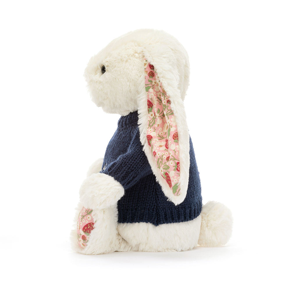 Jellycat Blossom Cream Bunny 'Berry' Plush Toy Personalised Navy Jumper