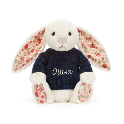 Jellycat Blossom Cream Bunny 'Berry' Plush Toy Personalised Navy Jumper