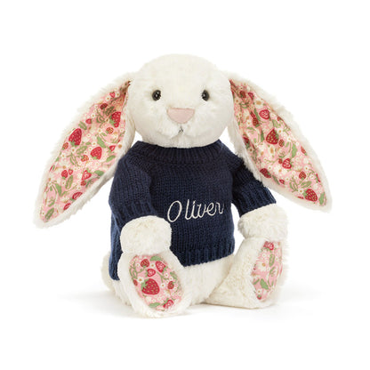 Jellycat Blossom Cream Bunny 'Berry' Plush Toy Personalised Navy Jumper