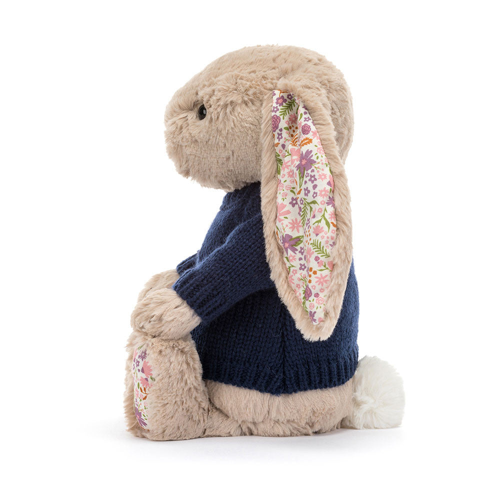 Jellycat Blossom Beige Bunny Petal With Personalised Navy Jumper