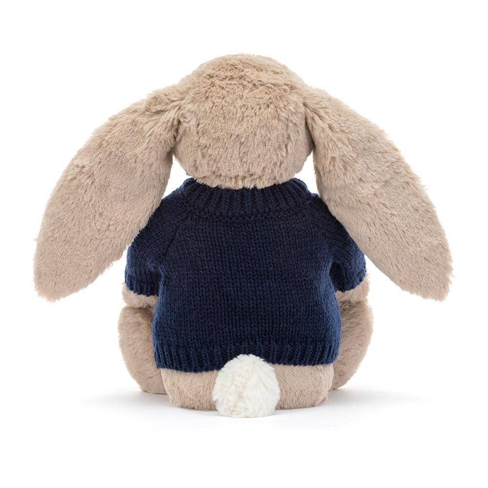Jellycat Blossom Beige Bunny Petal With Personalised Navy Jumper