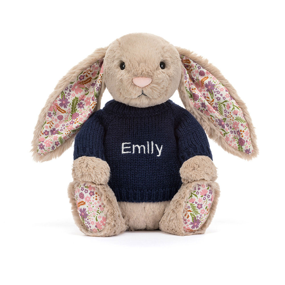 Jellycat Blossom Beige Bunny Petal With Personalised Navy Jumper