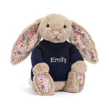 Jellycat Blossom Beige Bunny Petal With Personalised Navy Jumper