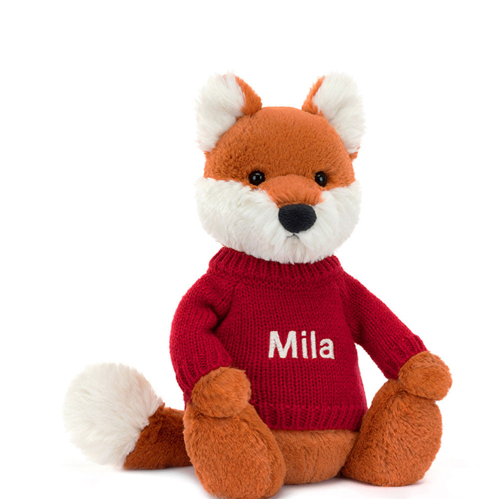 Jellycat Bashful Fox Cub Plush Toy With Personalized Red Jumper