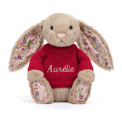 Jellycat Blossom Beige Bunny Petal Stuffed Toy Personalised Red Jumper