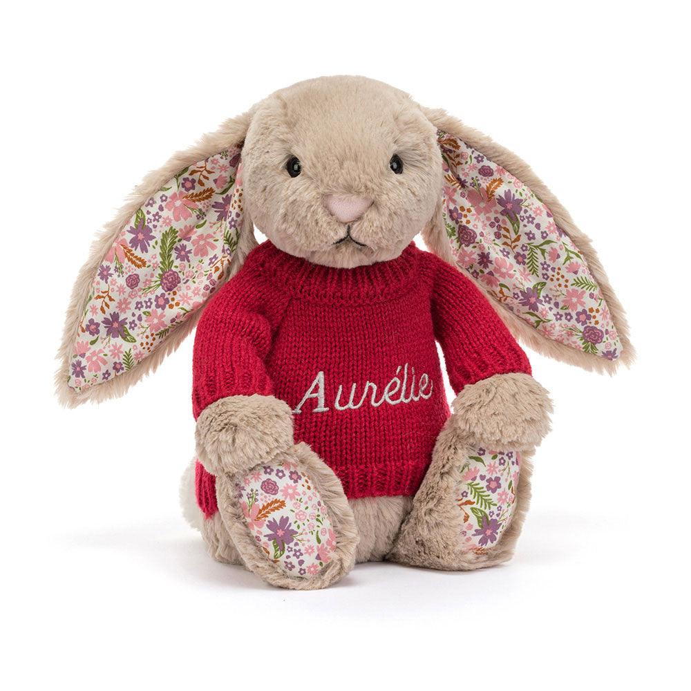 Jellycat Blossom Beige Bunny Petal Stuffed Toy Personalised Red Jumper
